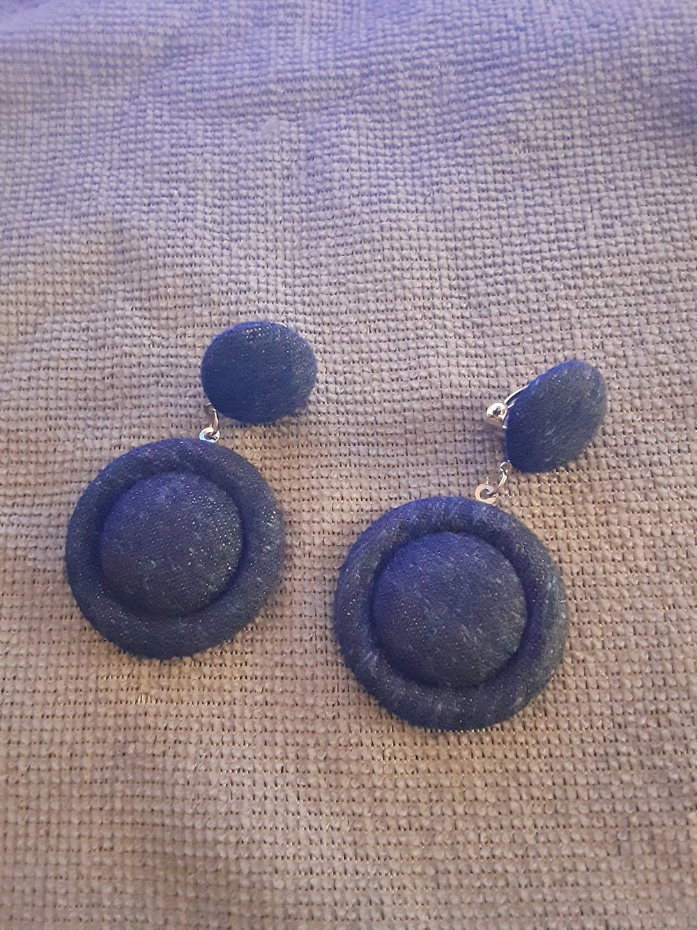 Dark Blue Denim Round Drop Earrings - Fashion Statement Clip On